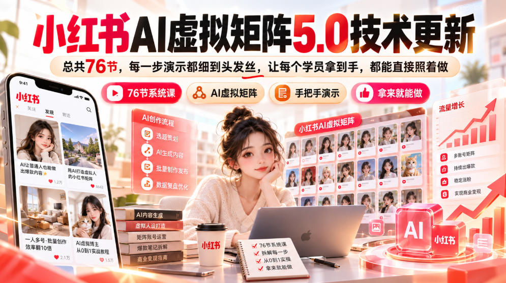 小红书AI虚拟矩阵5.0技术更新，总共76节，每一步演示都细到头发丝，让每个学员拿到手，都能直接照着做-91副业网