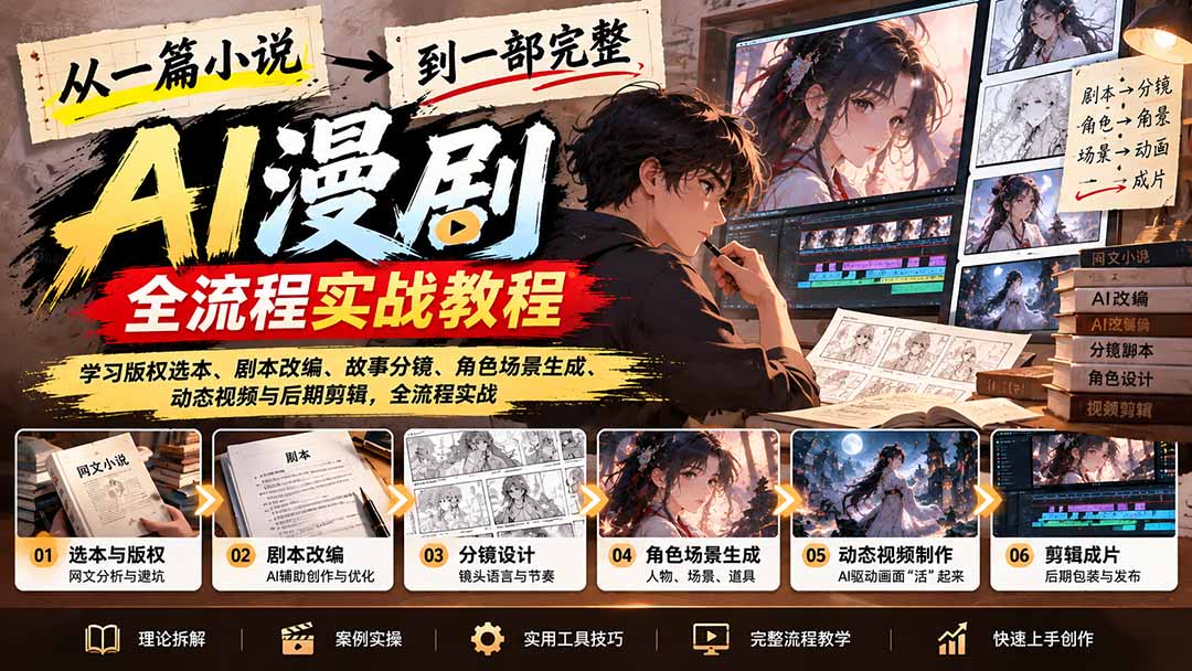 从一篇小说到一部完整AI漫剧:学习版权选本、剧本改编、故事分镜、角色场景生成、动态视频与后期剪辑-91副业网