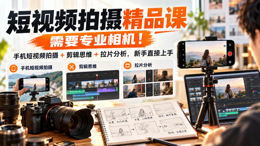 短视频拍摄精品课,需要专业相机!手机短视频拍摄+剪辑思维+拉片分析,新手直接上手-91副业网