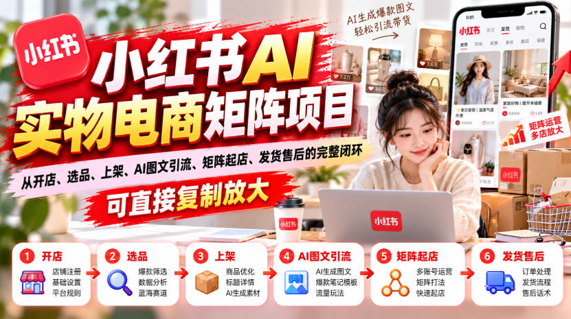 小红书AI实物电商矩阵项目，从开店、选品、上架、AI图文引流、矩阵起店、发货售后的完整闭环，可直接复制放大-91副业网