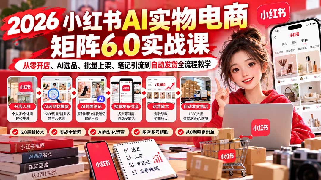 2026小红书AI实物电商矩阵6.0实战课：从零开店、AI选品、批量上架、笔记引流到自动发货全流程教学-91副业网