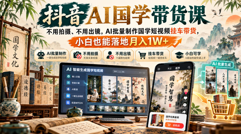 抖音AI国学带货课，不用拍摄、不用出镜，AI批量制作国学短视频挂车带货，小白也能落地月入1W+-91副业网