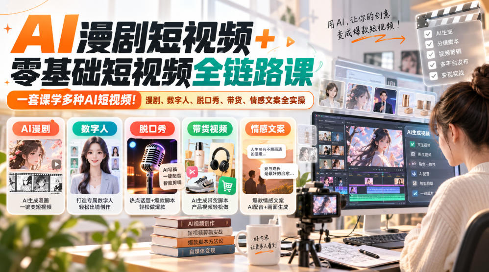 AI漫剧短视频+零基础短视频全链路课,一套课学多种AI短视频!漫剧、数字人、脱口秀、带货、情感文案全实操-91副业网