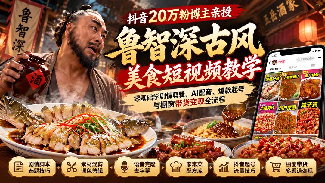 抖音20万粉博主亲授鲁智深古风美食玩法：零基础学剧情剪辑、AI配音、爆款起号与橱窗带货变现全流程-91副业网